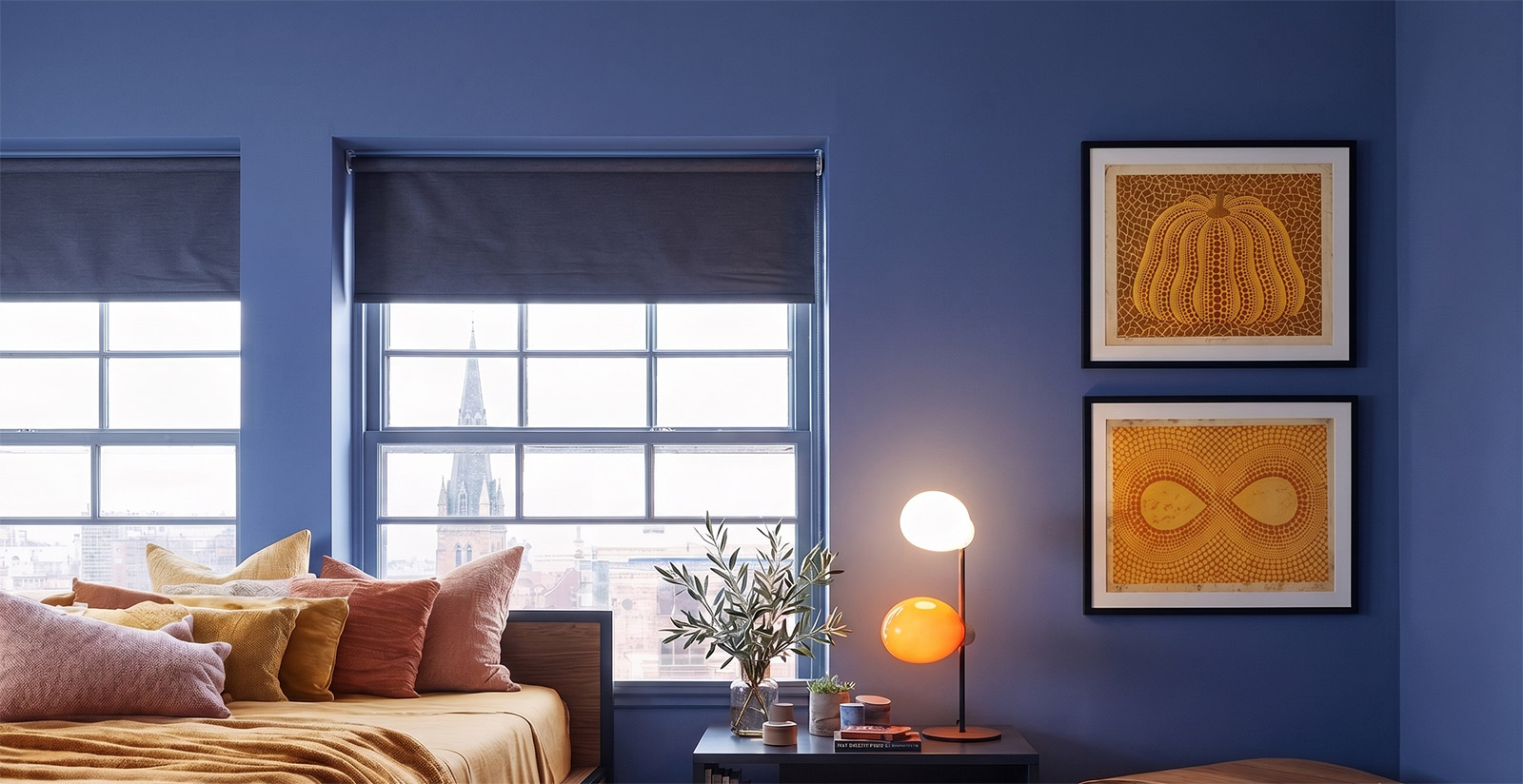 Bedroom painted with Blue Nova 825 color by Benjamin Moore.